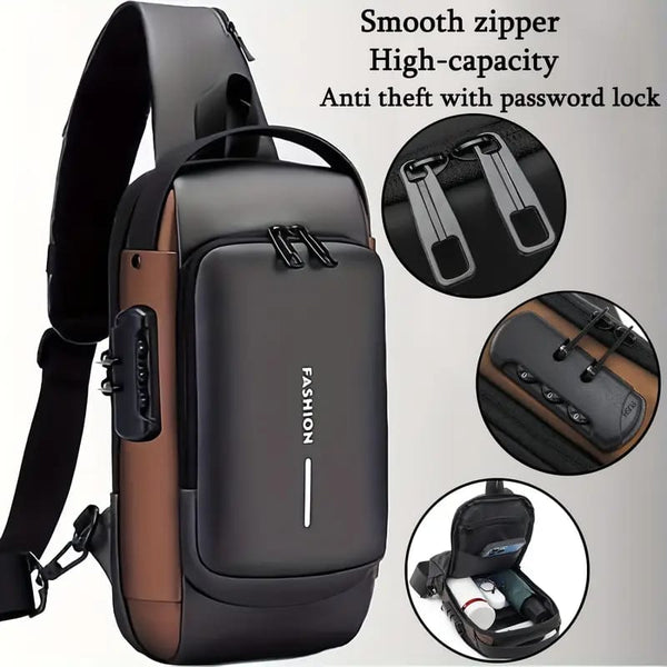 Fashion Men Sling Bag Pack with Lock Waterproof Anti-Theft Chest Bag with USB Charging Port Shoulder Bag Body Backpack with TSA Lock